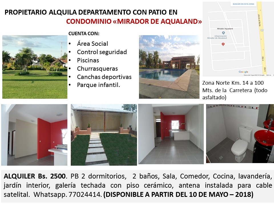 Departamento en AlquilerZona Norte Km 14 Carretera al norte Urbanización. Mirador Akualand 2 dormitorios 2 baños 1 parqueos Foto 1