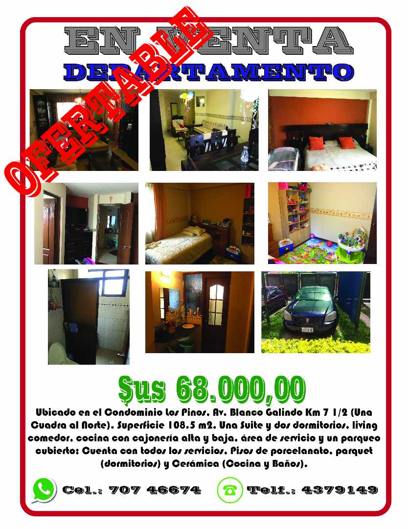 Departamento en Colcapirhua en Cochabamba 3 dormitorios 3 baños 1 parqueos Foto 1