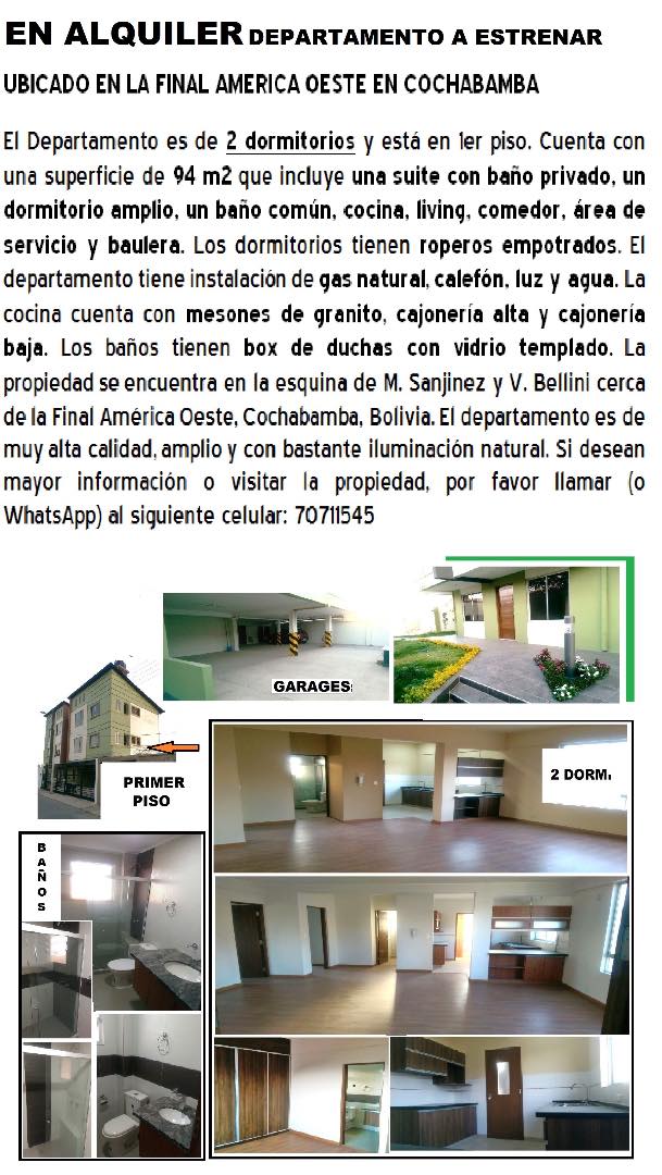 Departamento en AlquilerEsquina de M. Sanjinez y V. Bellini 2 dormitorios 2 baños  Foto 1