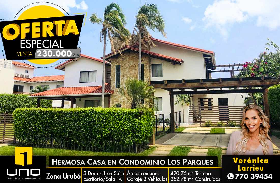 Casa en Venta HERMOSA CASA EN CONDOMINIO LOS PARQUES DEL URUBO 3 dormitorios 2 baños 3 parqueos Foto 1