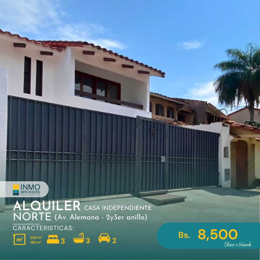 Casa en AlquilerAvenida Alemana
Entre 2do y 3er anillo 3 dormitorios 3 baños 2 parqueos Foto 1