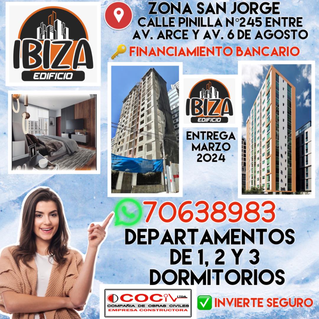 Departamento en VentaEdificio Ibiza, San Jorge, Calle Pinilla #245 Entre Av. Arce y Av. 6 de Agosto.  1 dormitorios 1 baños 1 parqueos Foto 1