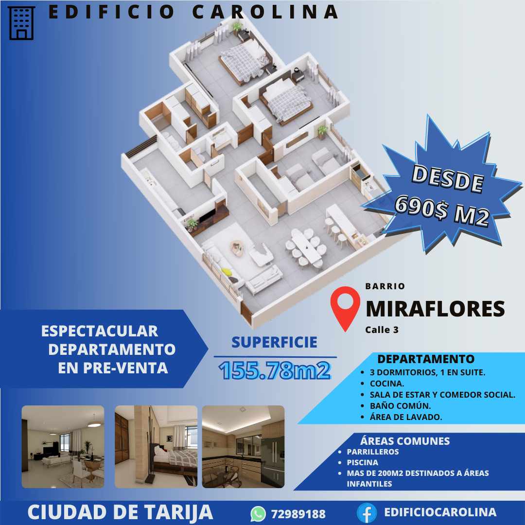 Departamento en VentaCiudad de Tarija Barrio Miraflores calle 3 3 dormitorios 2 baños 1 parqueos Foto 2