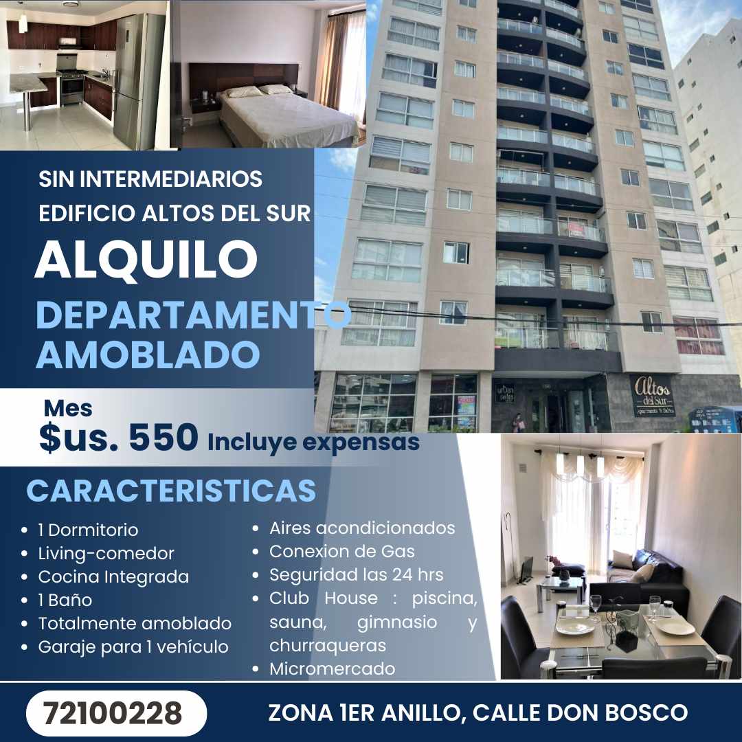 Departamento en AlquilerCalle Don Bosco entre avenida Argentina y Gualberto Villarroel 1 dormitorios 1 baños 1 parqueos Foto 1